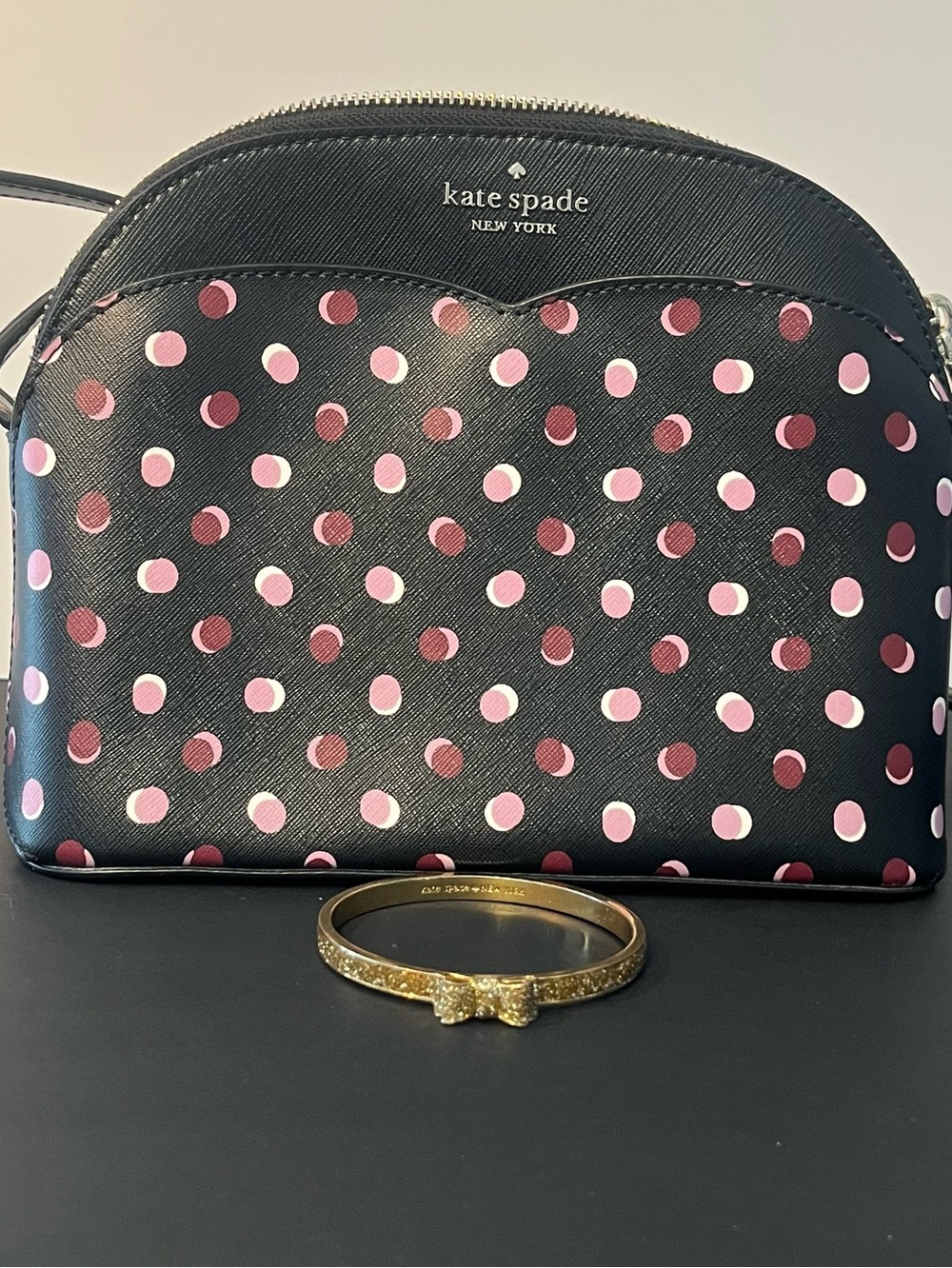 Kate Spade Payton Fiesta Dot Dome Crossbody Bag & Gold Glitter Bow Bangle